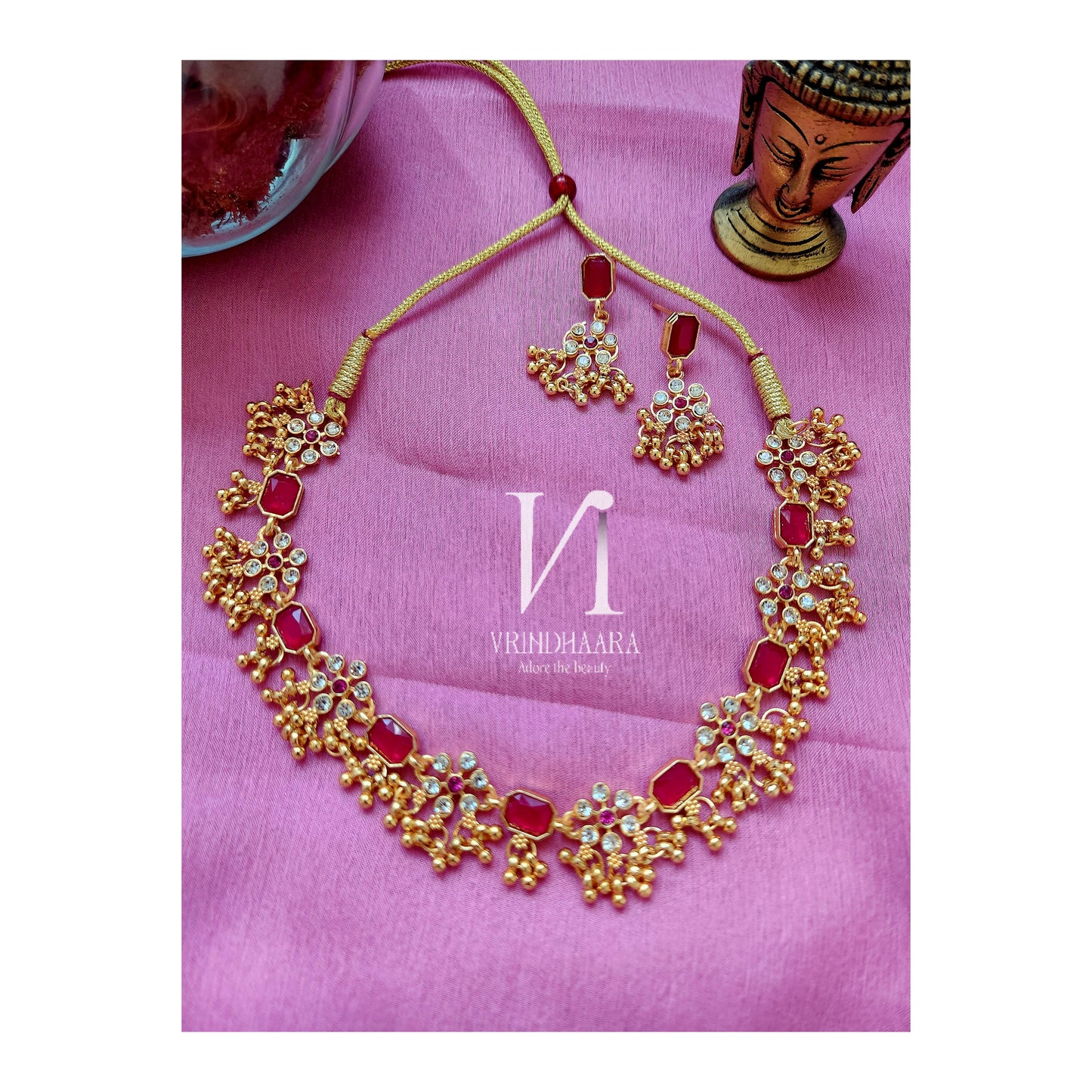 Flower designed AD Stone Necklace Set