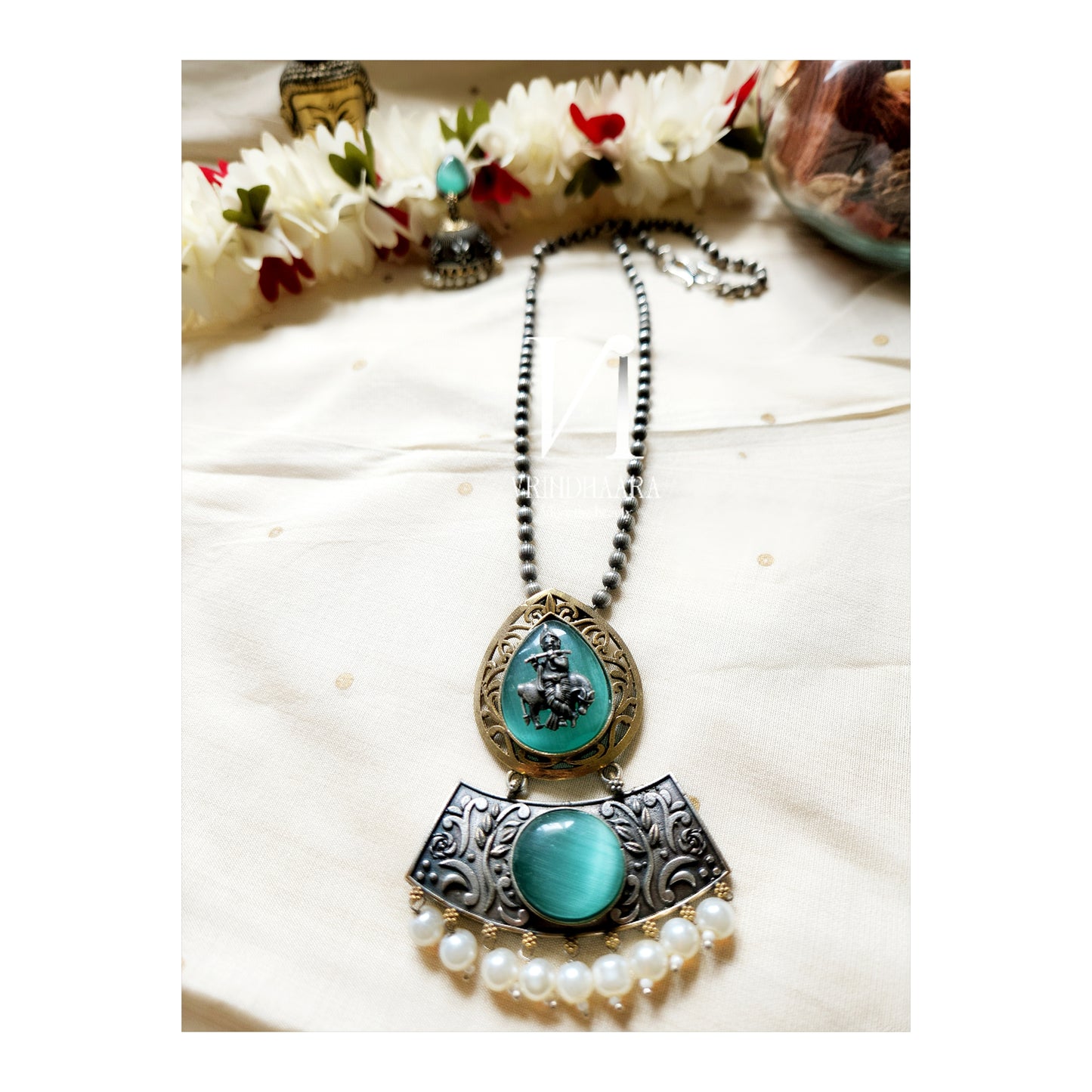 Oxidised Long Chain Set -Krishna Pendant