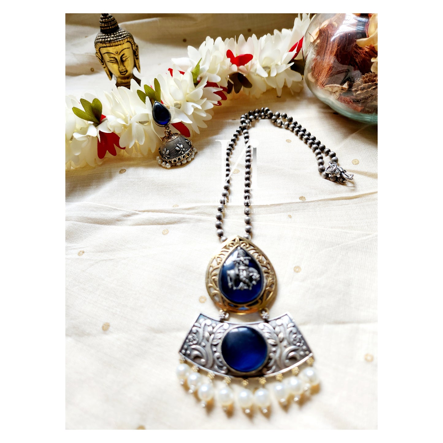 Oxidised Long Chain Set -Krishna Pendant