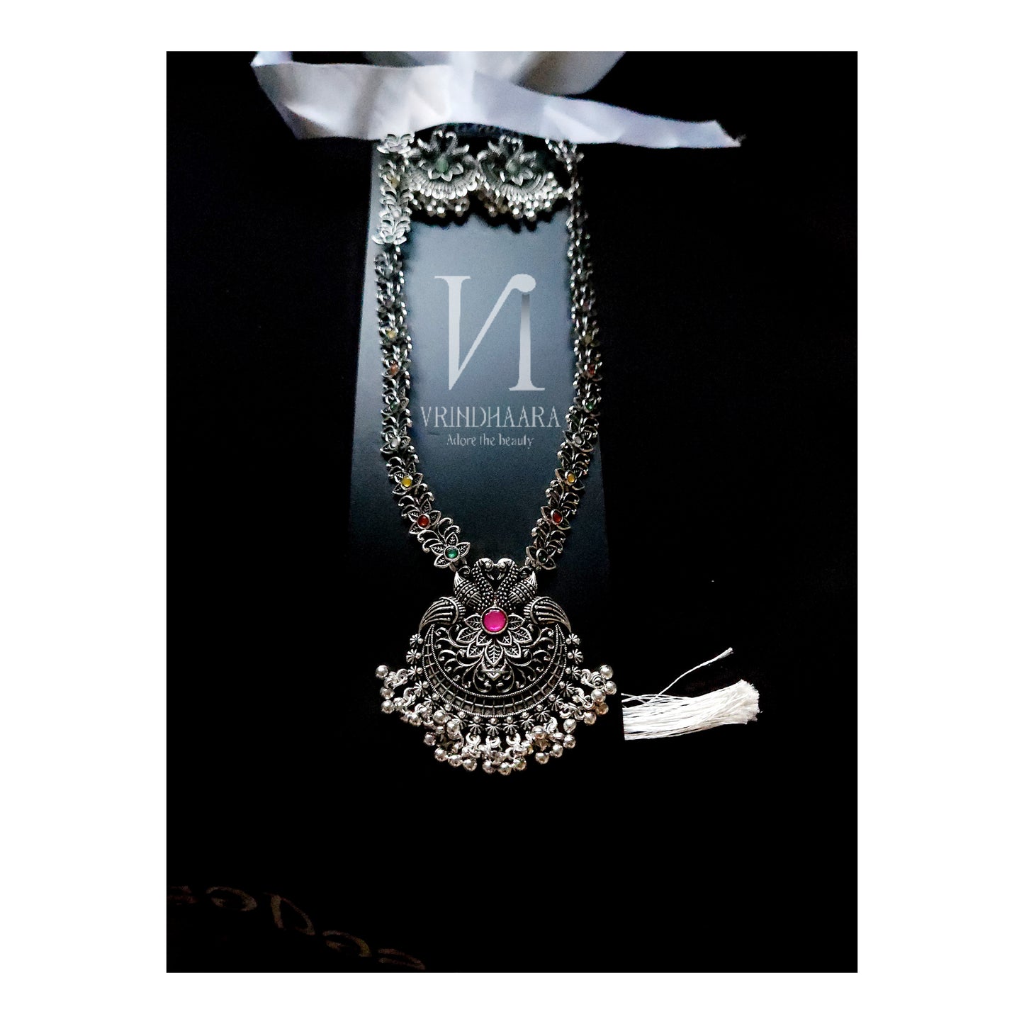 Oxidised Silver Long Chain set- Multi-stone