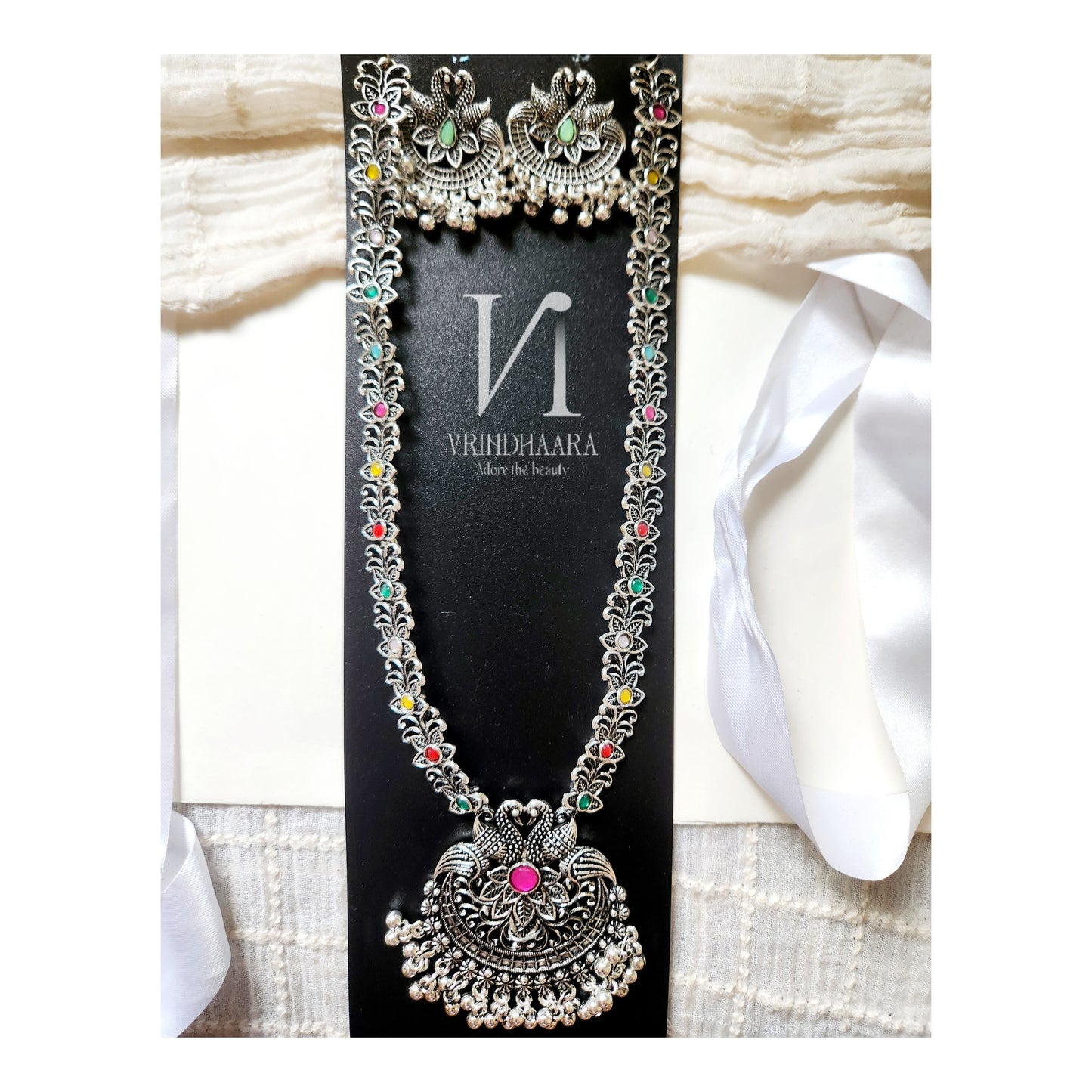 Oxidised Silver Long Chain set- Multi-stone