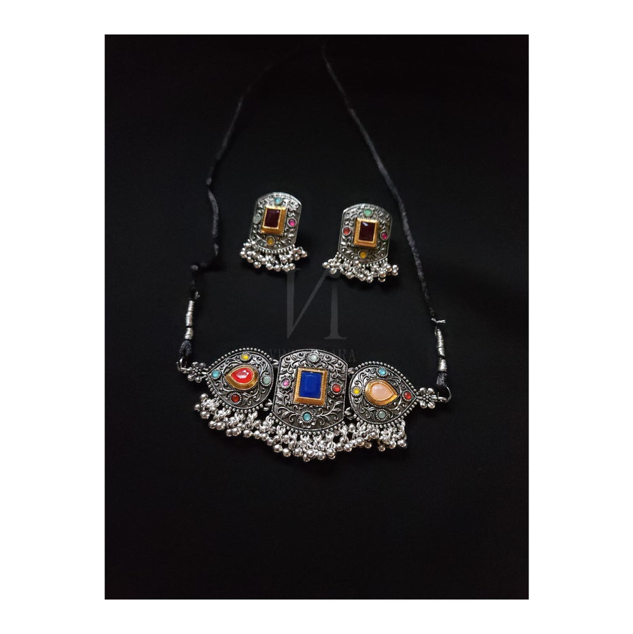 Oxidised Silver Choker Set- Multicolour