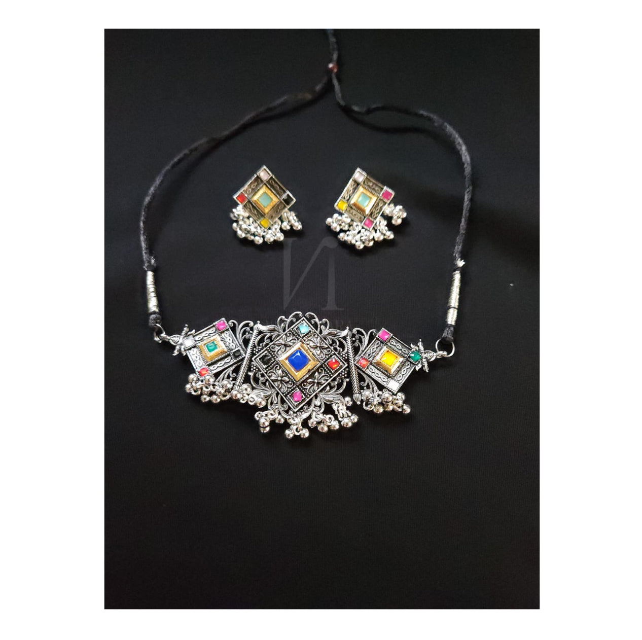 Oxidised Silver Choker Set- Multicolour