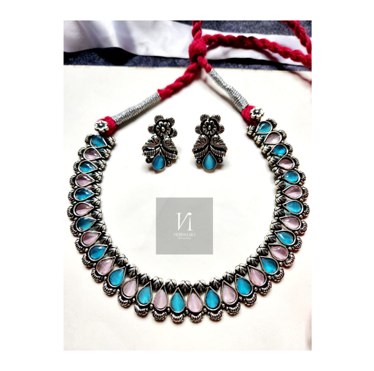 Oxidised Stone Studded Necklace Set