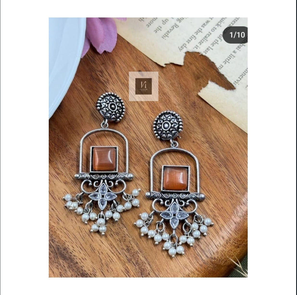 Oxidised Stone Studded Earrings
