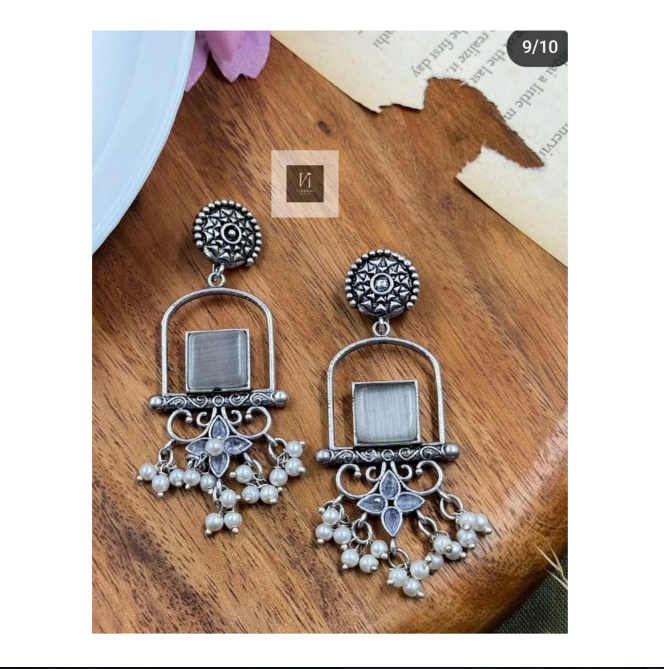 Oxidised Stone Studded Earrings