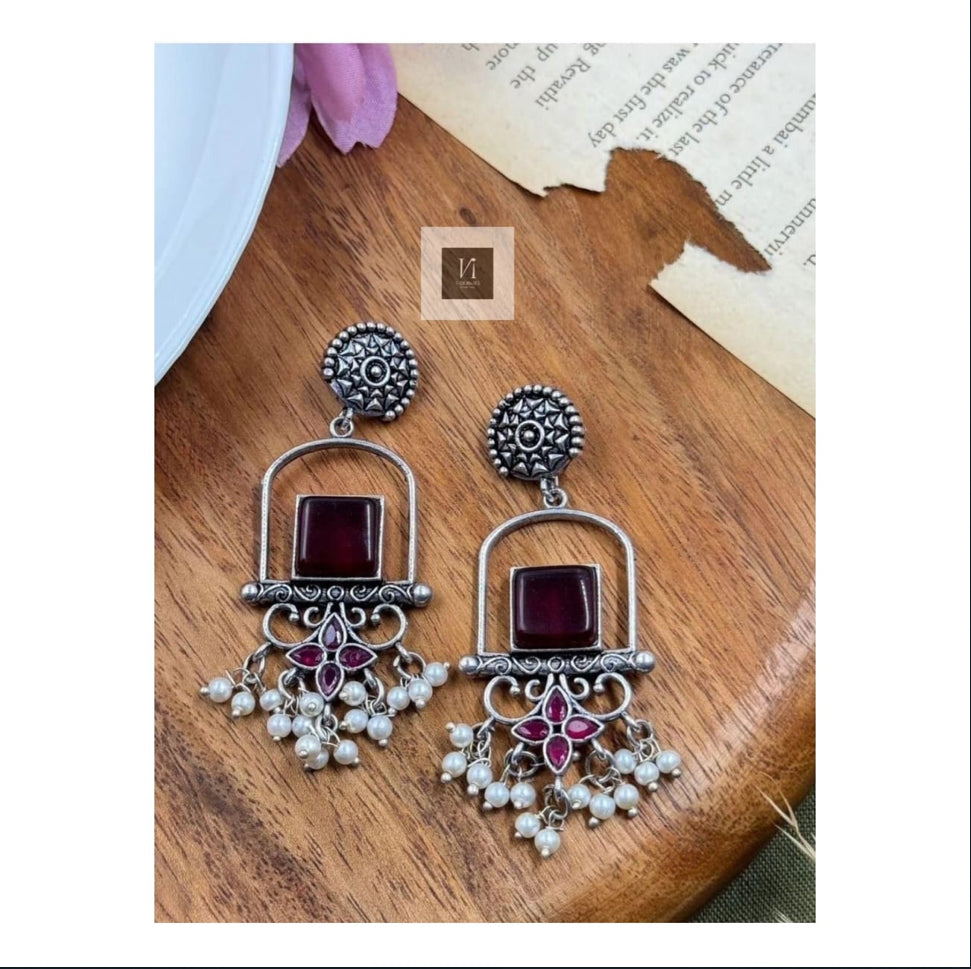 Oxidised Stone Studded Earrings